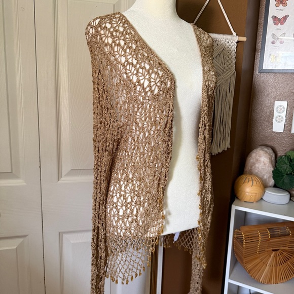 NY Collection Gold Crochet Fringe Beaded Open Cardigan / Size 2x - Picture 9 of 12